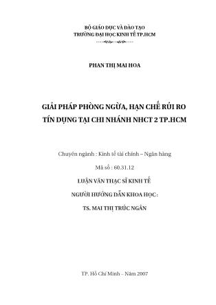 Luận văn Giải pháp phòng ngừa, hạn chế rủi ro tín dụng tại Chi nhánh NHCT 2 TP.HCM