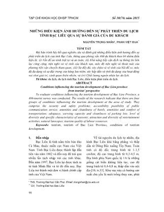 Những điều kiện ảnh hưởng đến sự phát triển du lịch tỉnh Bạc Liêu qua sự đánh giá của du khách