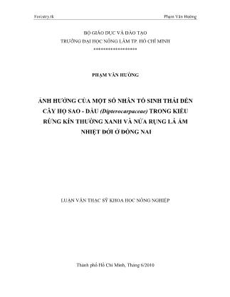 Luận văn Ảnh hưởng của một số nhân tố sinh thái đến cây họ Sao-Dầu trong kiểu rừng kín thường xanh và nửa rụng lá ẩm nhiệt đới ở Đồng Nai