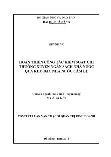 Luận văn Hoàn thiện công tác kiểm soát chi thường xuyên ngân sách nhà nước qua kho bạc nhà nước Cẩm Lệ