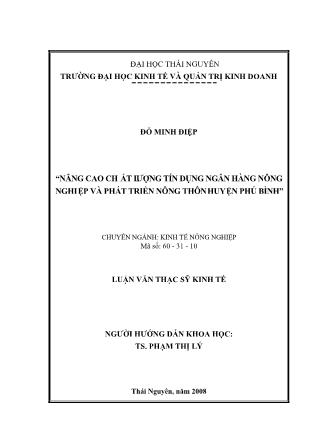 Luận văn Nâng cao ch ất lượng tín dụng ngân hàng nông nghiệp và phát triển nông thôn huyện Phú Bình
