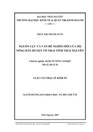 Luận văn Nguồn lực và vấn đề nghèo đói của hộ nông dân huyện Võ Nhai tỉnh Thái Nguyên