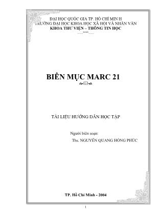 Tài liệu hướng dẫn học tập Biên mục Marc 21 - Ths. Nguyễn Quang Hồng Phúc