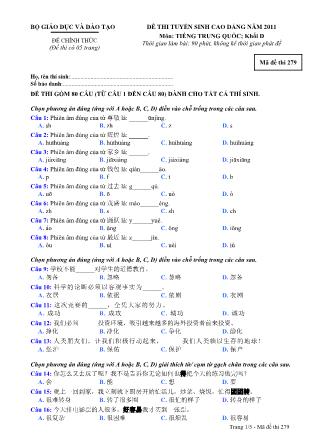 Đề thi tuyển sinh cao đẳng tiếng Trung Quốc khối D - Năm 2011 - Mã đề thi 279