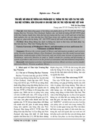 Tìm hiểu mô hình hệ thống sản phẩm dịch vụ thông tin thư viện tại thư viện Đại học Victoria, New Zealand và bài học cho các thư viện Đại học Việt Nam