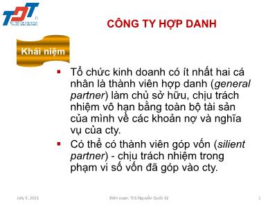 Bài giảng Luật kinh doanh: Công ty hợp danh -  ThS.Nguyễn Quốc Sỹ