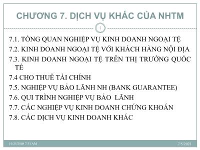 Bài giảng Nghiệp vụ ngân hàng thương mại - Chương 7: Dịch vụ khác của ngân hàng thương mại (Phần 1)