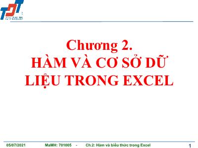 Bài giảng Tin học ứng dụng trong kinh doanh 1 - Chương 2: Hàm và cơ sở dữ liệu trong excel