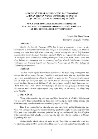 Áp dụng kỹ thuật dạy học cộng tác trong dạy Anh văn chuyên ngành Công nghệ thông tin tại trường Cao đẳng Công nghệ Thủ Đức