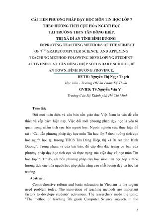 Cải tiến phương pháp dạy học môn Tin học lớp 7 theo hướng tích cực hóa người học tại trường THCS Tân Đông Hiệp, thị xã Dĩ An tỉnh Bình Dương