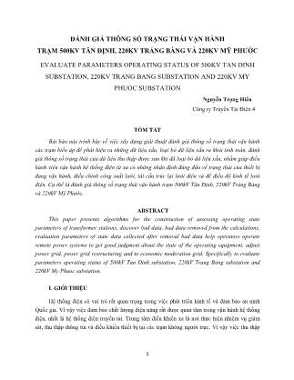 Đánh giá thông số trạng thái vận hành trạm 500kv Tân Định, 220kv Trảng Bàng và 220kv Mỹ Phước