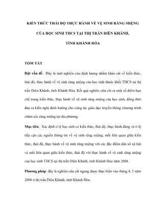 Kiến thức thái độ thực hành về vệ sinh răng miệng của học sinh THCS tại Thị trấn Diên Khánh, tỉnh Khánh Hòa