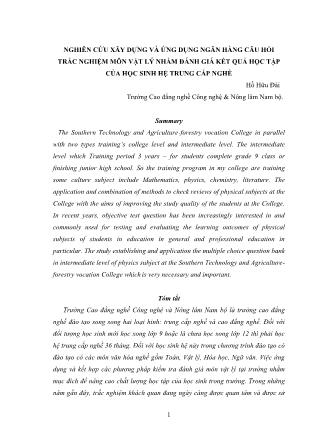 Nghiên cứu xây dựng và ứng dụng ngân hàng câu hỏi trắc nghiệm môn vật lý nhằm đánh giá kết quả học tập của học sinh hệ trung cấp nghề