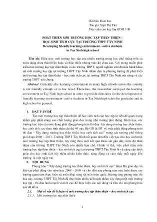 Phát triển môi trường học tập thân thiện – học sinh tích cực tại trường THPT Tây Ninh