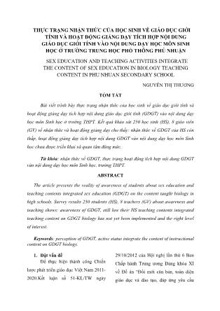 Thực trạng nhận thức của học sinh về giáo dục giới tính và hoạt động giảng dạy tích hợp nội dung giáo dục giới tính vào nội dung dạy học môn Sinh học ở trường Trung học Phổ thông Phú Nhuận