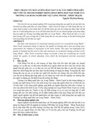 Thực trạng về chất lượng đào tạo và sự cần thiết phải liên kết với các doanh nghiệp trong hoạt động đào tạo nghề của Trường Cao đẳng nghề khu vực Long Thành – Nhơn Trạch