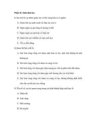 Câu hỏi trắc nghiệm Sinh học - Phần II: Sinh thái học